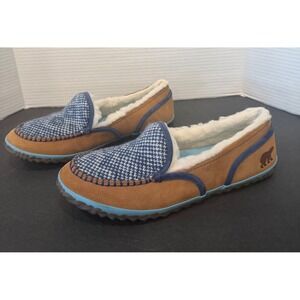 Sorel Moccasin Tan Blue Suede Faux Fur Lined Slip On Comfort Slippers 10